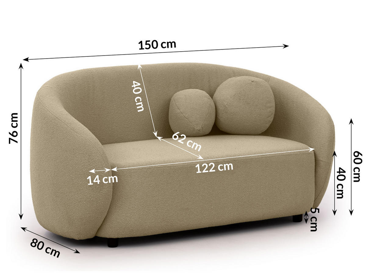 SITZGARNITUR 2+1 Roundi Beige Bouclé - Beige/Schwarz, Holz/Kunststoff (150/76/80cm) - S-Style Möbel