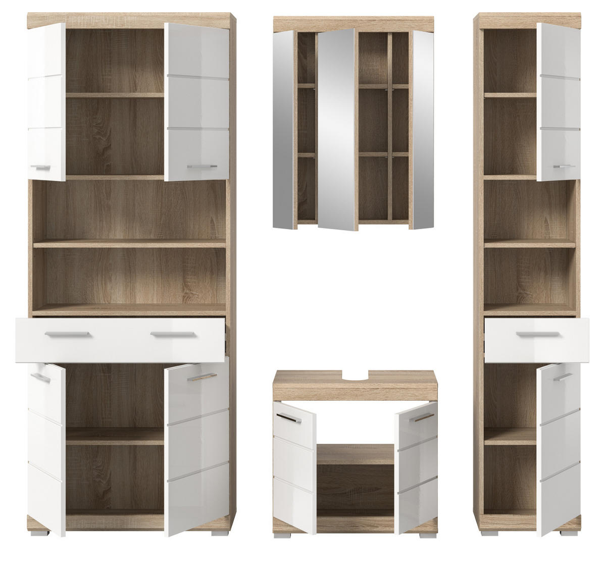 BADMÖBEL-SET weiß Hochglanz, Eiche 4-teilig 186 cm, viel Stauraum - Weiß Hochglanz/Eichefarben, Holzwerkstoff (186/191/34cm) - Inn.Furn