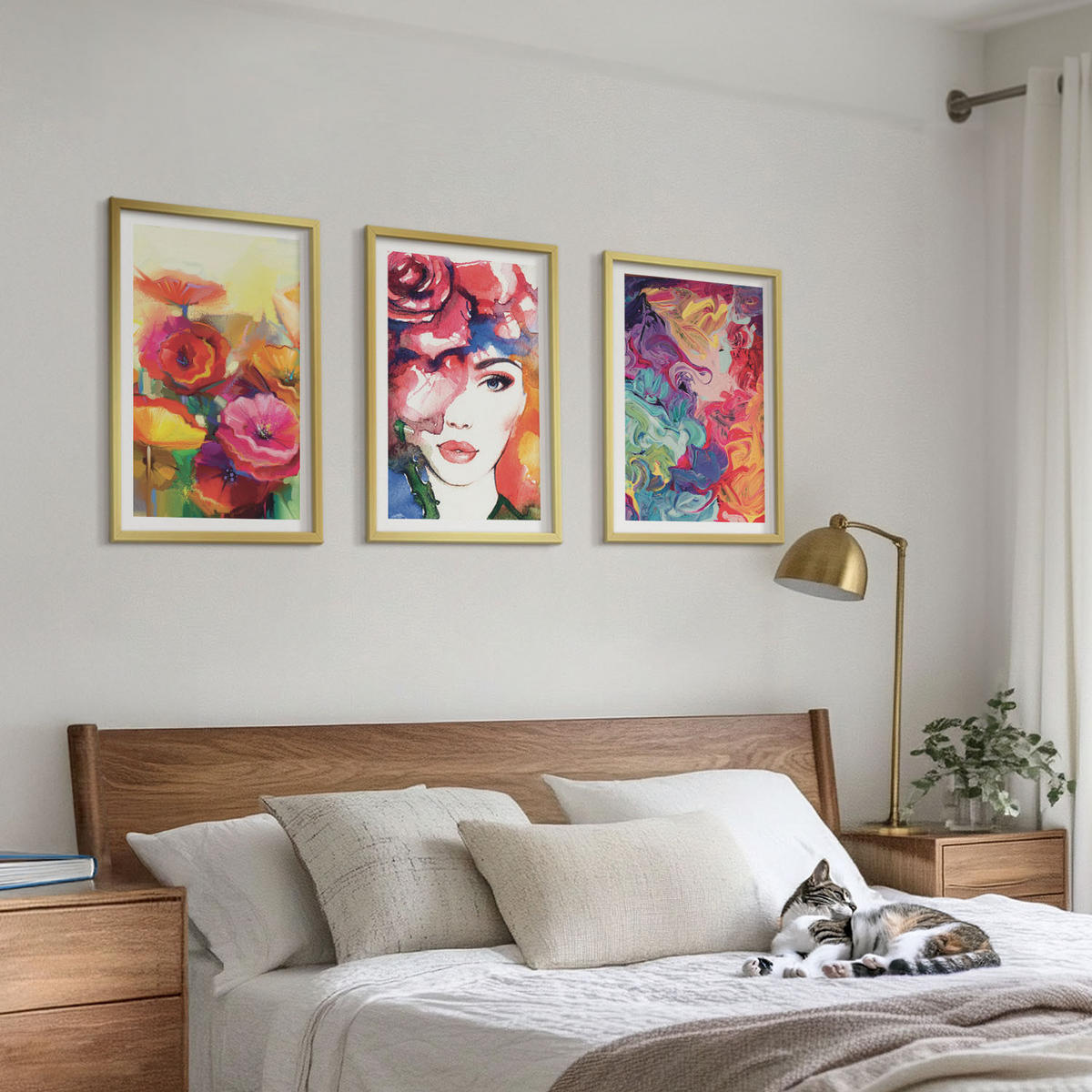 BILDER SET 3er Set - 40x60 cm Goldrahmen - Intensives Blumenporträt einer Frau - Goldfarben, Kunststoff (40/60cm) - TULUP