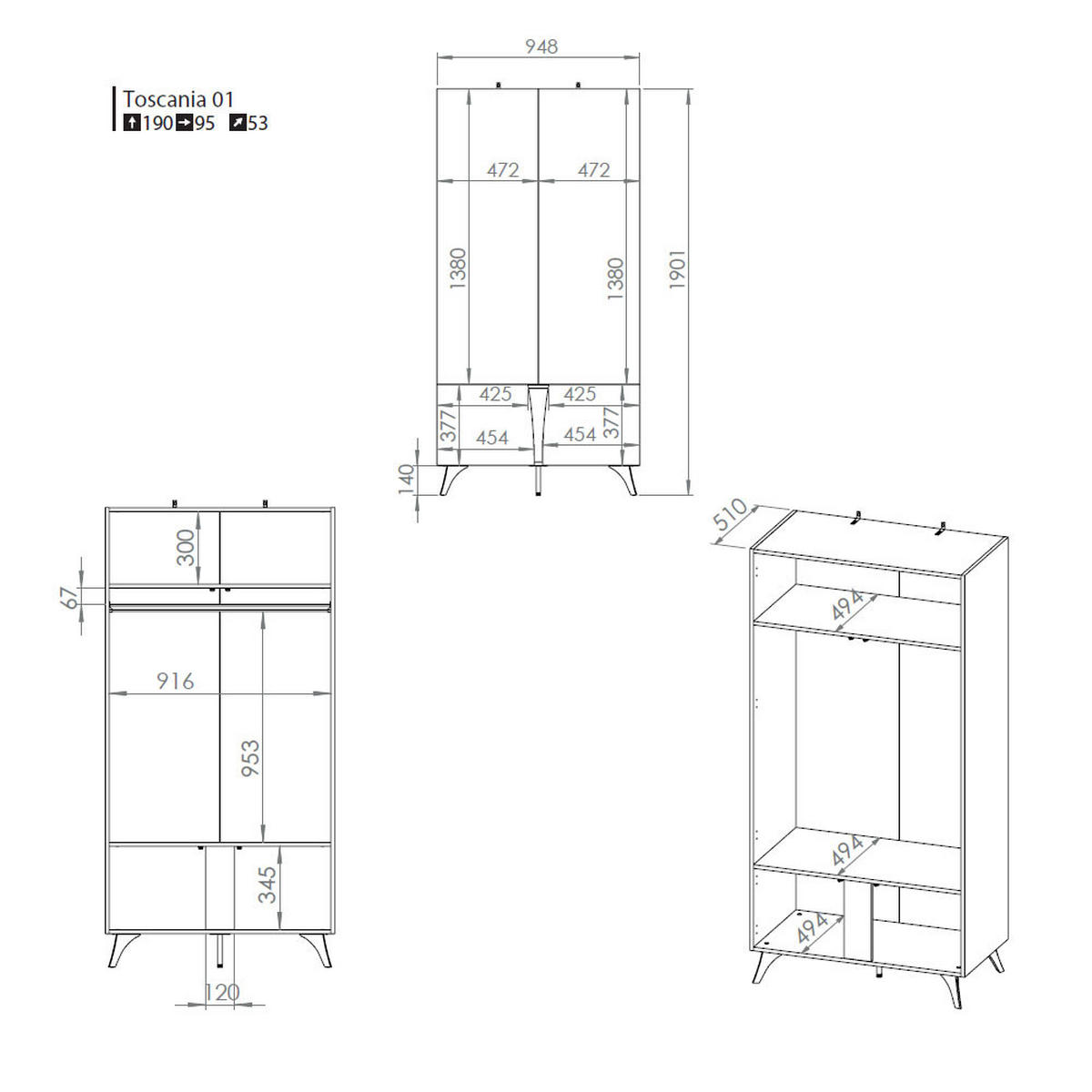 GARDEROBENSCHRANK Toscania Eiche / Schwarz 95 / 53 / 190cm - Eichefarben/Schwarz, Holz/Holzwerkstoff (95/190/53cm) - Feldmann-Wohnen