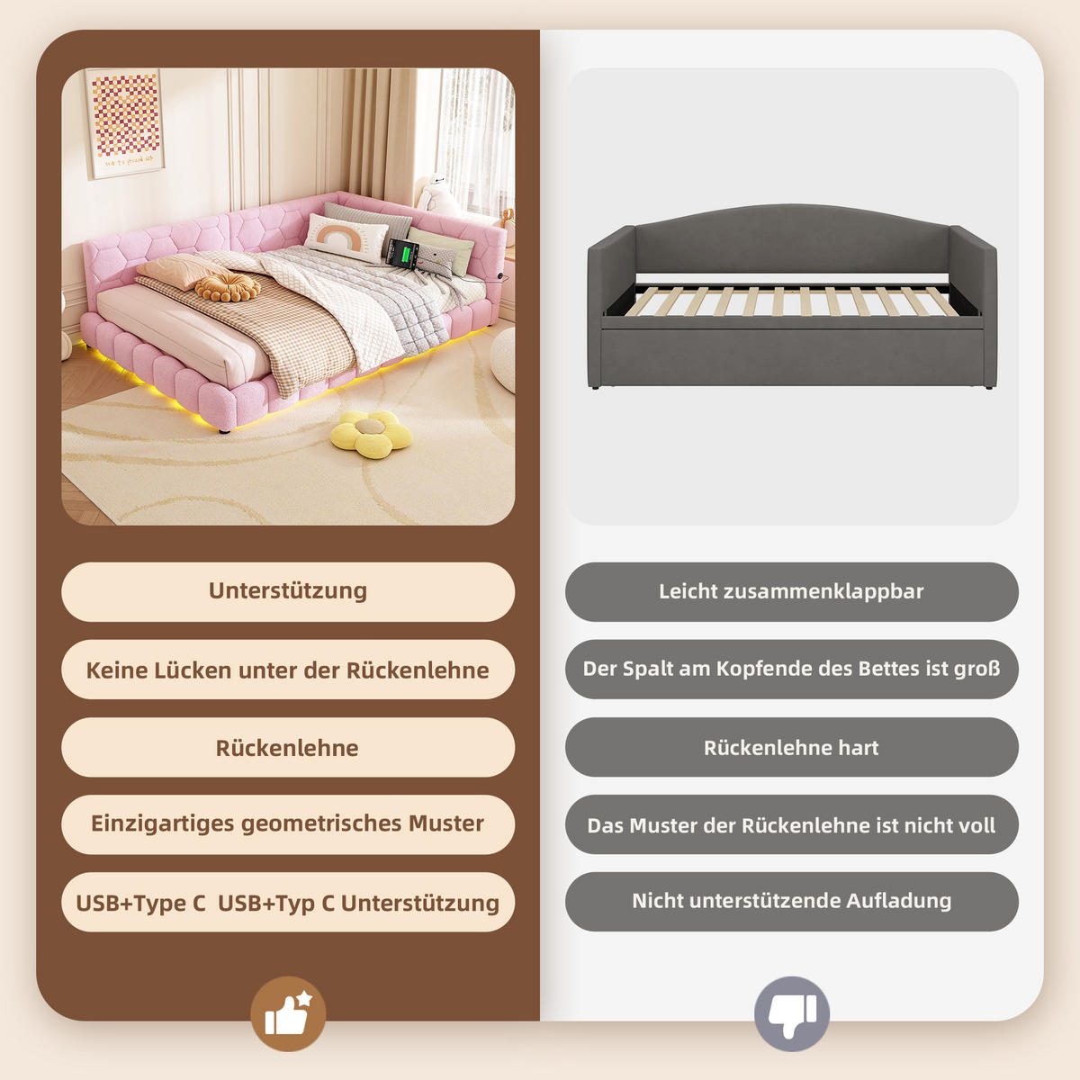 TAGEBETT 140x200cm Rosa Vliesimitat 16 Farben Umgebungslicht USB-C - Pink, Holz (140/200cm) - FLIEKS