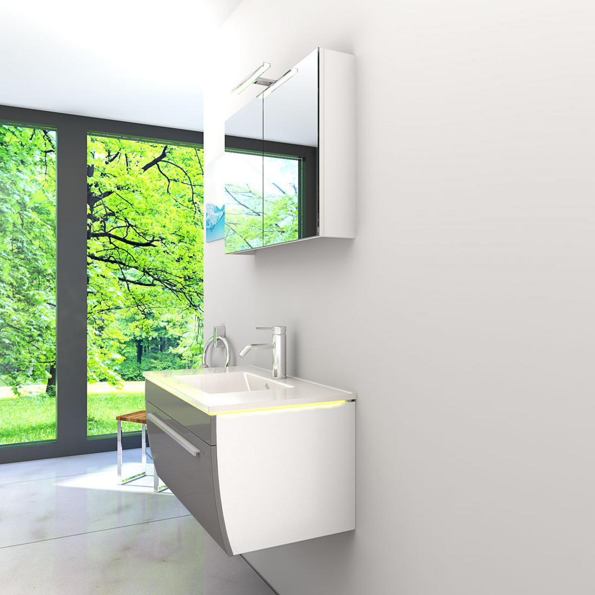 BADMÖBEL Set Gently 3 V1 Weiß/Grau MDF Waschtisch 80cm ohne LED-Beleuchtung - Grau, Glas/Kunststoff (46/52/60cm) - AcquaVapore by Sandra Jentho