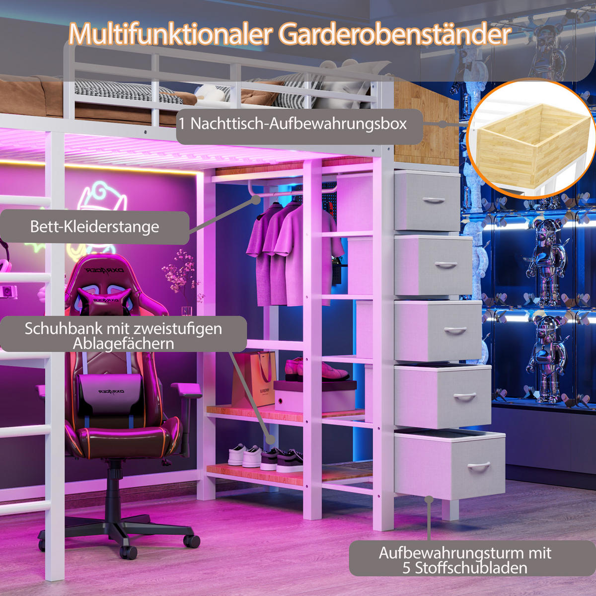HOCHBETT 90x200cm Metall Schreibtisch LED USB Weiß - Weiß, Metall (90/200cm) - FLIEKS