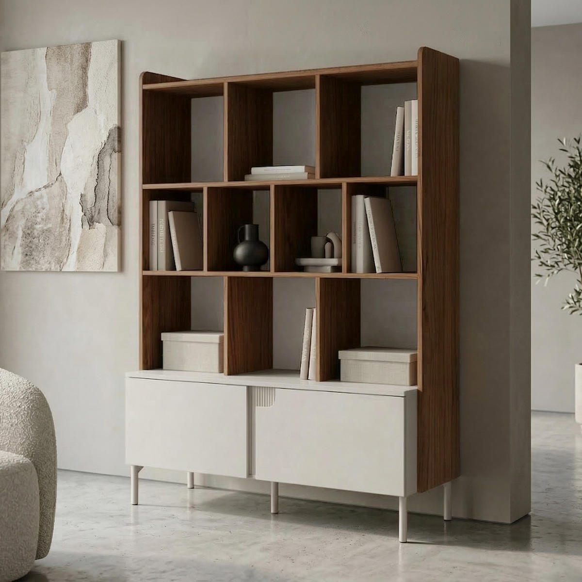 BÜCHERREGAL Positivo mit 1 Tür und 1 Schublade, 110 cm, Alba-Nuss + Kaschmir - Nussbaumfarben, Holzwerkstoff (113/195/42cm) - Beautysofa