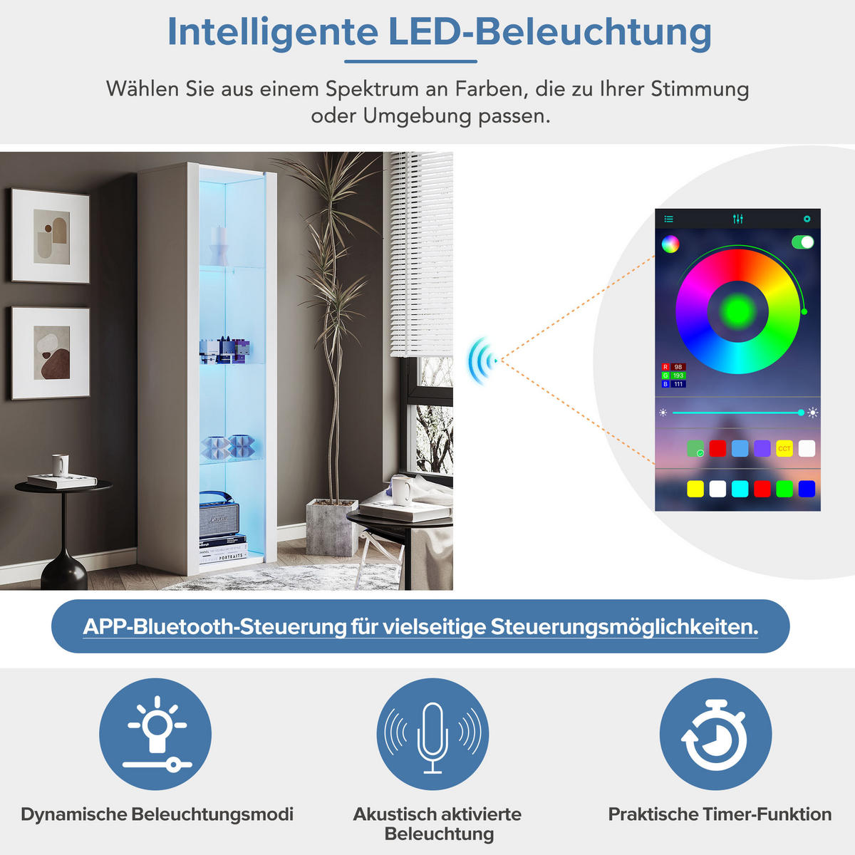VITRINE in Weiß Hochglanz-Vitrine mit LED-Beleuchtung, 3 Glasböden,fürs Wohn- oder Esszimmer, B55/T38/H166cm - Weiß, Glas/Holzwerkstoff (55/166/38cm) - STILVORA