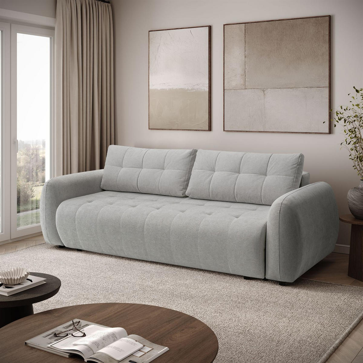 SOFA OMEGA Zweisitzer mit Schlaffunktion, Rosa 23 - Hellgrau, Textil (252/92/105cm) - Lookway
