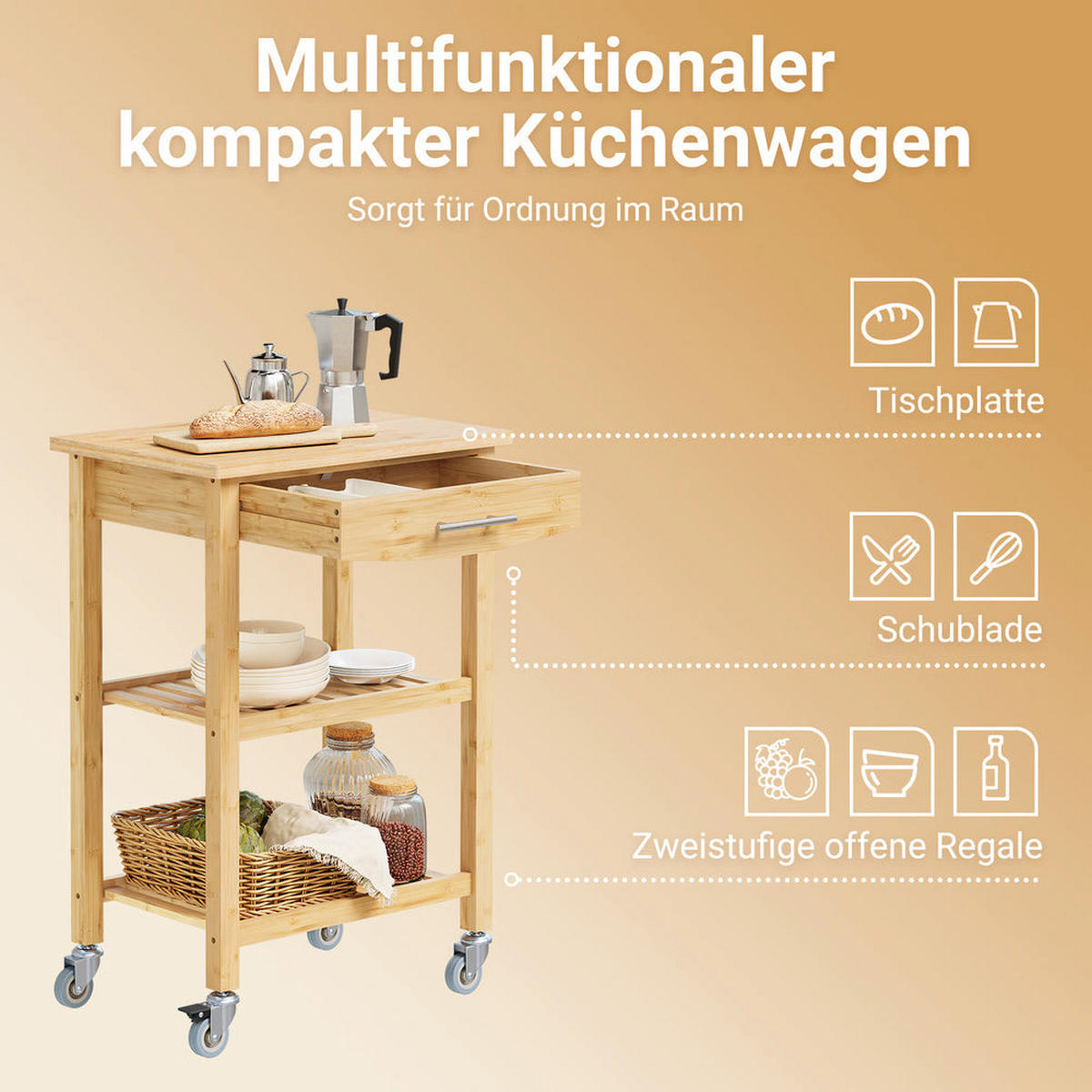 KÜCHENWAGEN mit Schublade und Rollen 58x40x86 cm FKW135-N - Naturfarben, Holz (58/86/40cm) - SoBuy