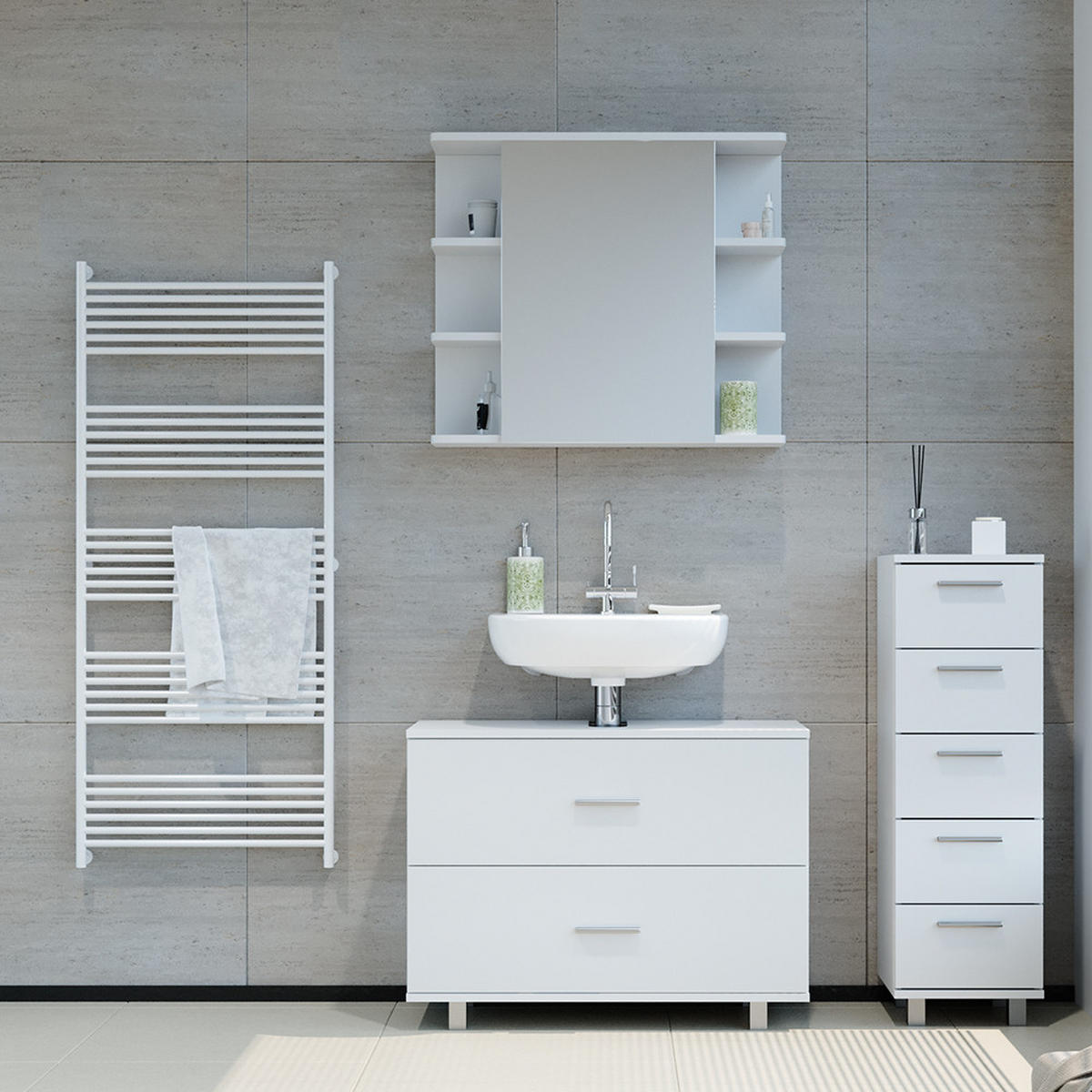 BADMÖBEL-SET Ilias Weiß 3 Teile, mit Unterschrank 80 cm - Weiß, Holzwerkstoff (80/60/33cm) - Vicco