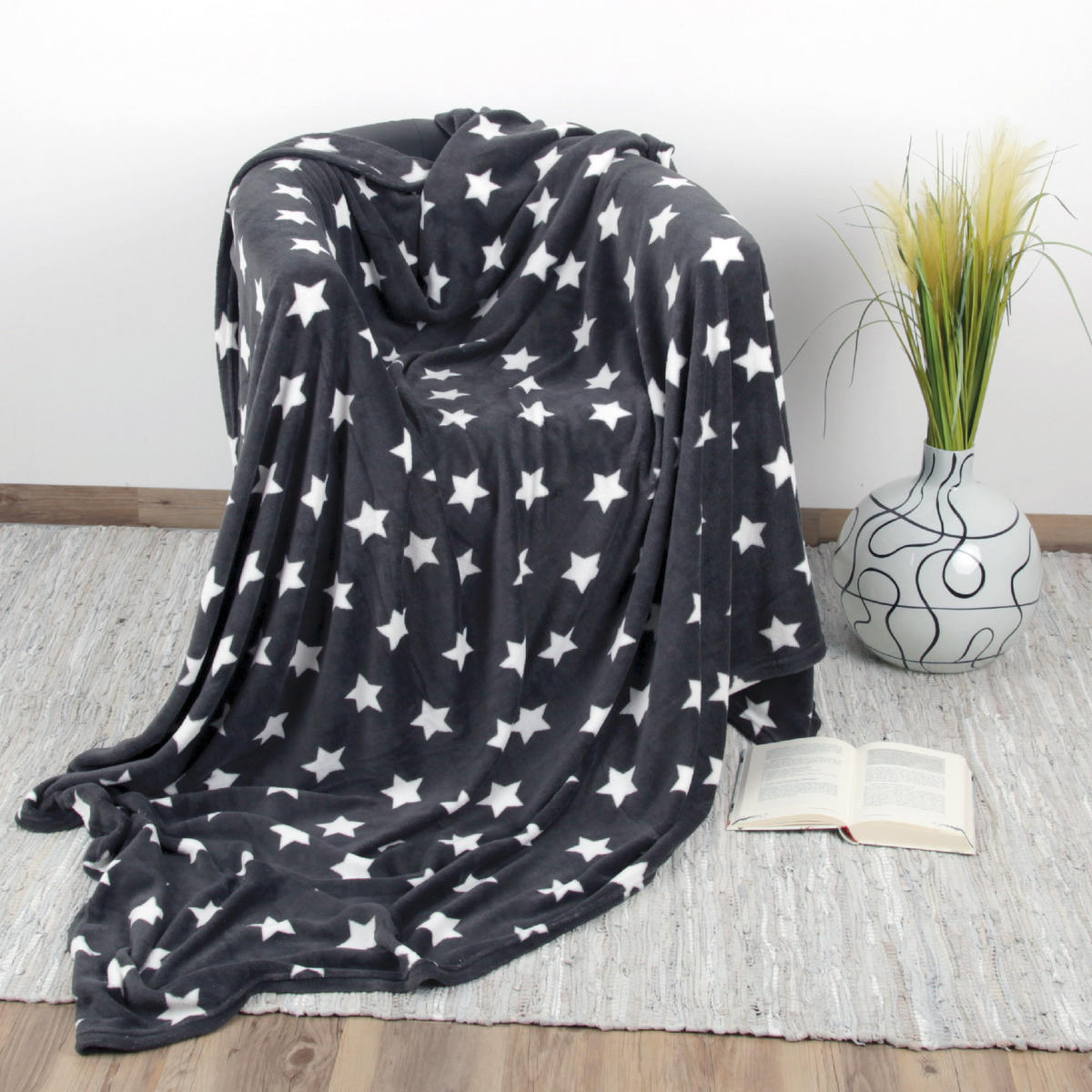 KUSCHELDECKE mit Sternen Anthrazit 180x220 cm - Anthrazit, Textil (220/180cm)
