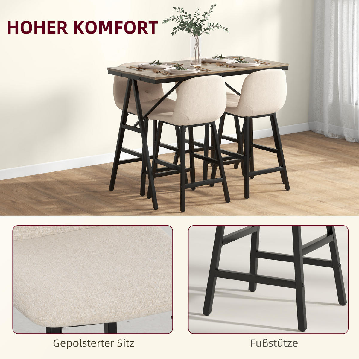 BARTISCH mit Barhocker Set, 5-teilig Essgruppe, Küchentisch, Bartisch Set, Beige - Beige, Textil (60/91/120cm) - HOMCOM