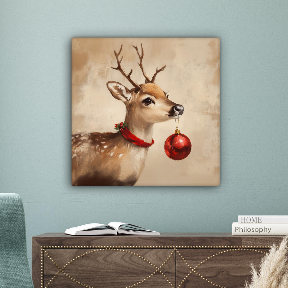 LEINWANDBILD Weihnachten - Hirsch - Geweih - Weihnachtskugel - Rentier 50x50 cm - Hellbraun, Textil (50/50cm) - MuchoWow