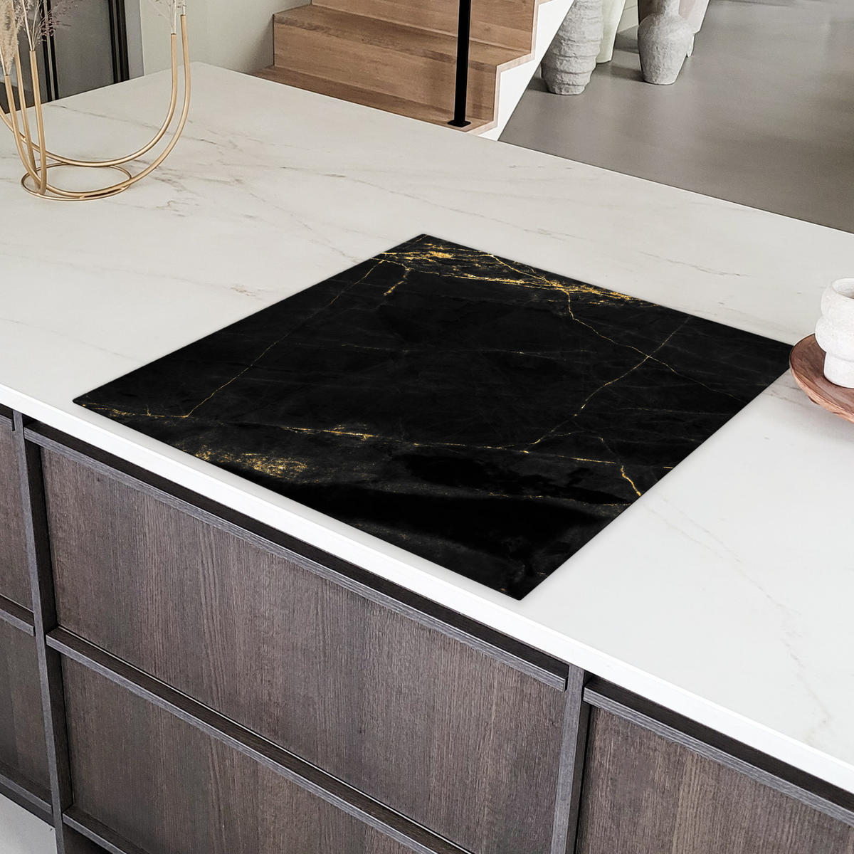 HERDABDECKPLATTE Marmor - Schwarz - Gold - Chic - Marmoroptik - Design Induktionsmatte 78x78 cm - Schwarz, Kunststoff (78/78/0.2cm) - MuchoWow