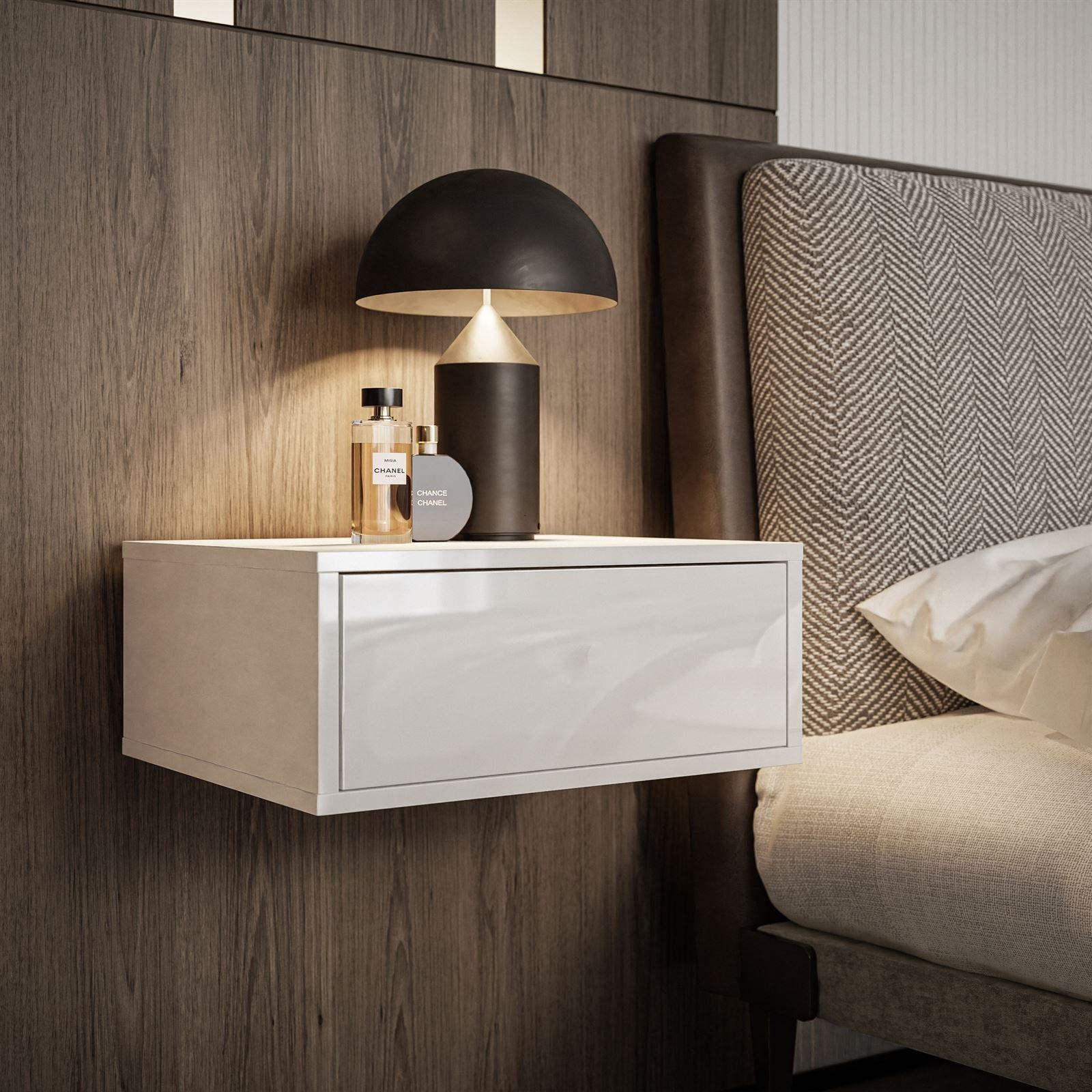 HÄNGENDER Nachttisch BLANCO Hochglanz Weiß PUSH OPEN - Weiß Hochglanz, Holzwerkstoff (45/20/36.6cm) - Lookway