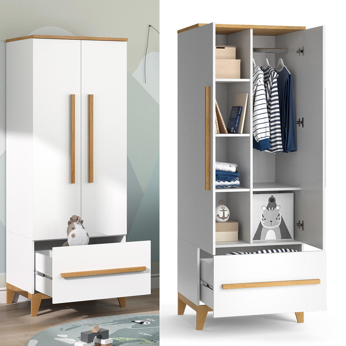 KINDERKLEIDERSCHRANK Malia Weiß 70 x 186.8 cm - Eichefarben/Weiß, Holzwerkstoff (70/186.8/53.4cm) - VitaliSpa