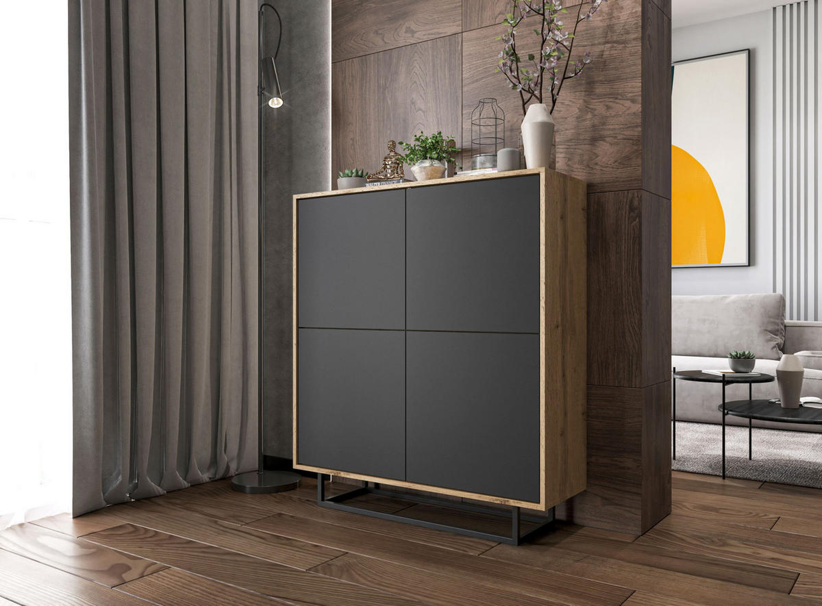 KOMMODE Apollo 4D Eiche wotan Graphit Matt 113 cm - Graphitfarben/Schwarz, Holzwerkstoff/Metall (113/127/35cm) - Meble Lindner