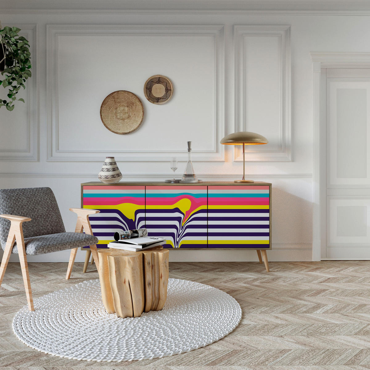 SIDEBOARD TONE COLLAPSE, Eicheneffekt, 164,5x42x77,5 cm, 3 Türen - Eichefarben/Buchefarben, Holzwerkstoff/Buchenholz (164.5/77.5/42cm) - SpaceRebels