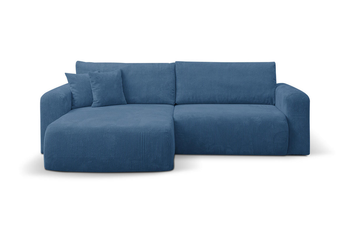 ECKSOFA Roma, Eckcouch in L-Form mit Schlaffunktion und Bettkasten, Farbe: Blau, Cordstoff, Ottomane Universal - Blau, Textil (244/142cm) - VENASI MÖBEL