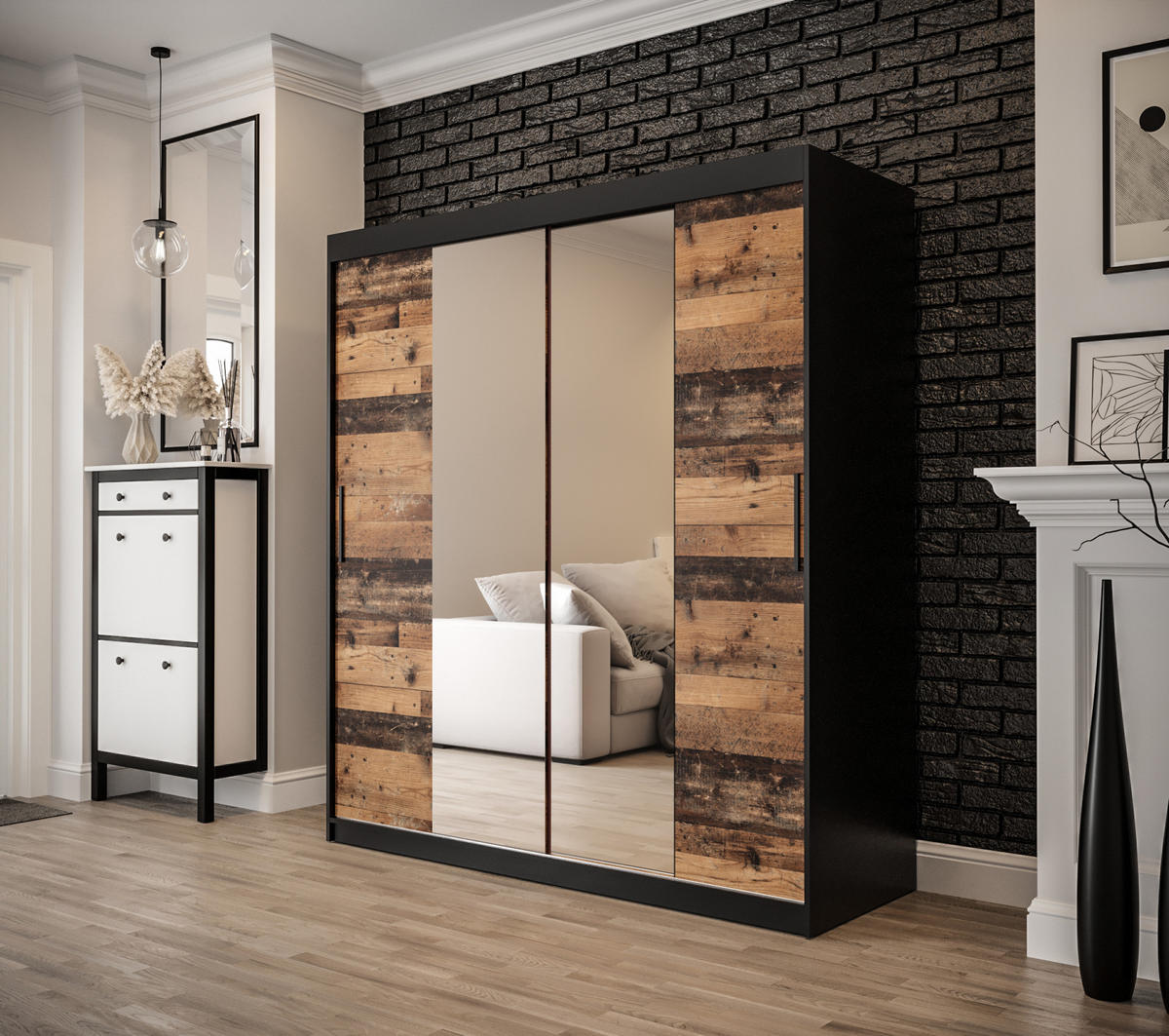 SCHWEBETÜRENSCHRANK 200/180/62 2-türig - Eichefarben/Schwarz, Holz/Kunststoff (180/200/62cm) - MÖBEL KRYSPOL