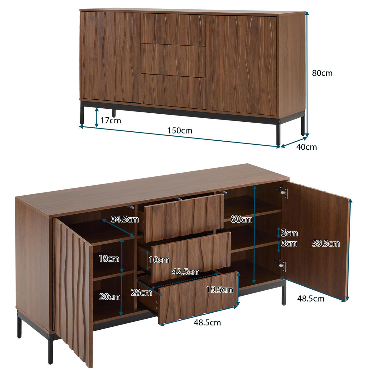 SIDEBOARD 150/40/80 cm dunkelbraun aus MDF mit verstellbaren Einlegeböden - Naturfarben, Holzwerkstoff (150/80/40cm) - OKWISH