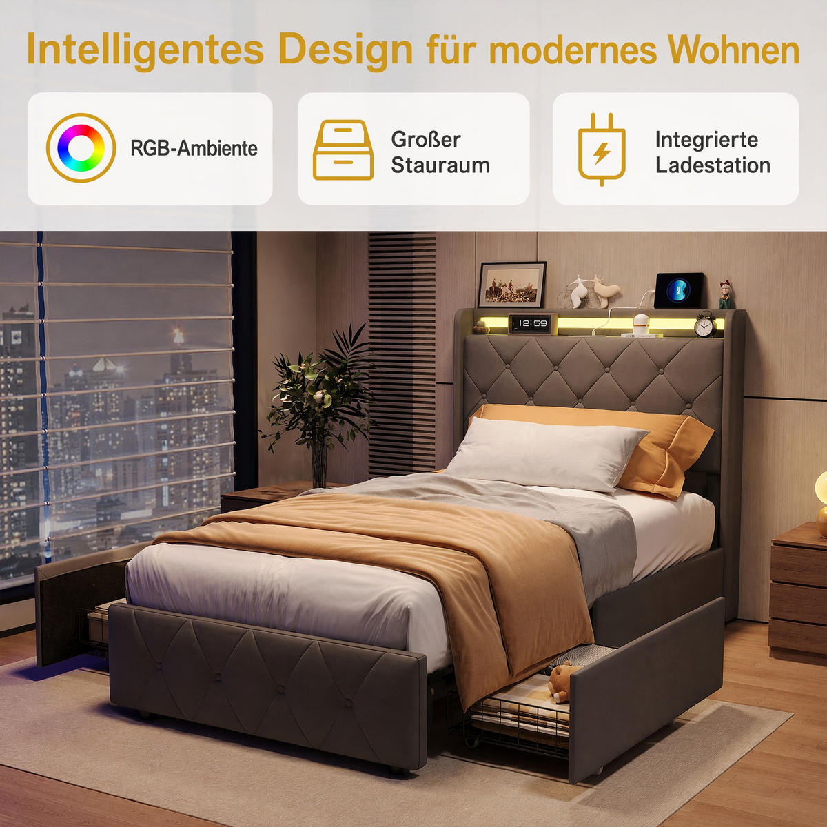 POLSTERBETT, LED-Beleuchtung Einzelbett 90x200cm mit Ladefunktion und 2 Schubladen, Samt, grau - Grau, Holz/Holzwerkstoff (90/200cm) - GENKI LIVING