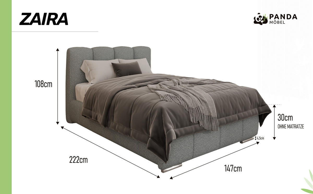 POLSTERBETT ZAIRA 120 x 200 cm mit Bettkasten und Lattenrost, 7-Zonen-Taschenfederkernmatratratze CIRA (24 cm) – Grau - Blaugrau, Holz (120/200cm) - Panda Möbel