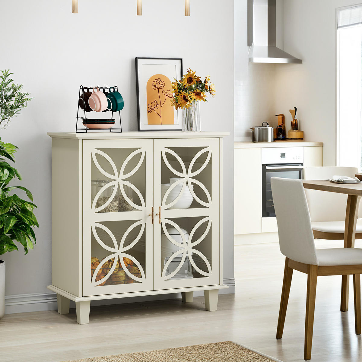 SIDEBOARD 80/38/87 cm creme aus MDF und Holzwerkstoff mit Hartglastüren - Creme, Holzwerkstoff (80/87/38cm) - OKWISH