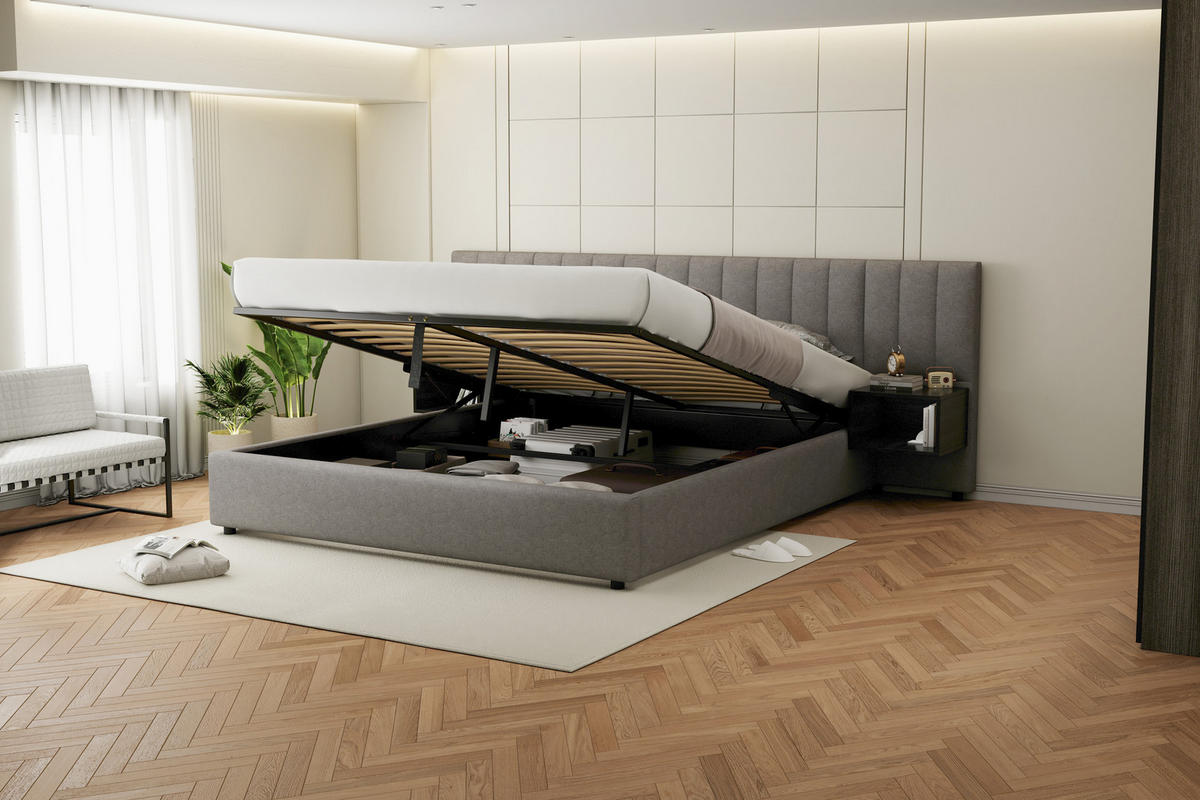 POLSTERBETT 180/200 cm in Grau & Schwarz mit Bettkasten, 2 Nachttischen und Leinen - Schwarz/Grau, Holzwerkstoff/Textil (180/200cm) - CHICFURN