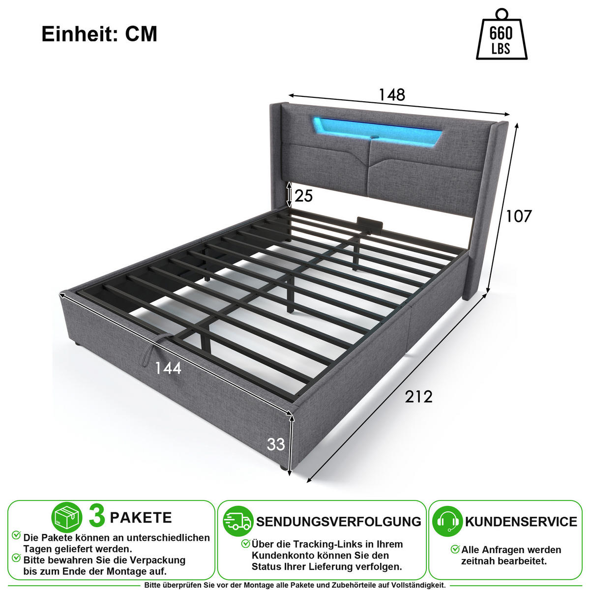 POLSTERBETT 140/200 cm in Grau Leinen mit Bettkasten, LED, USB und Matratze - Grau, Holzwerkstoff/Textil (140/200cm) - CHICFURN