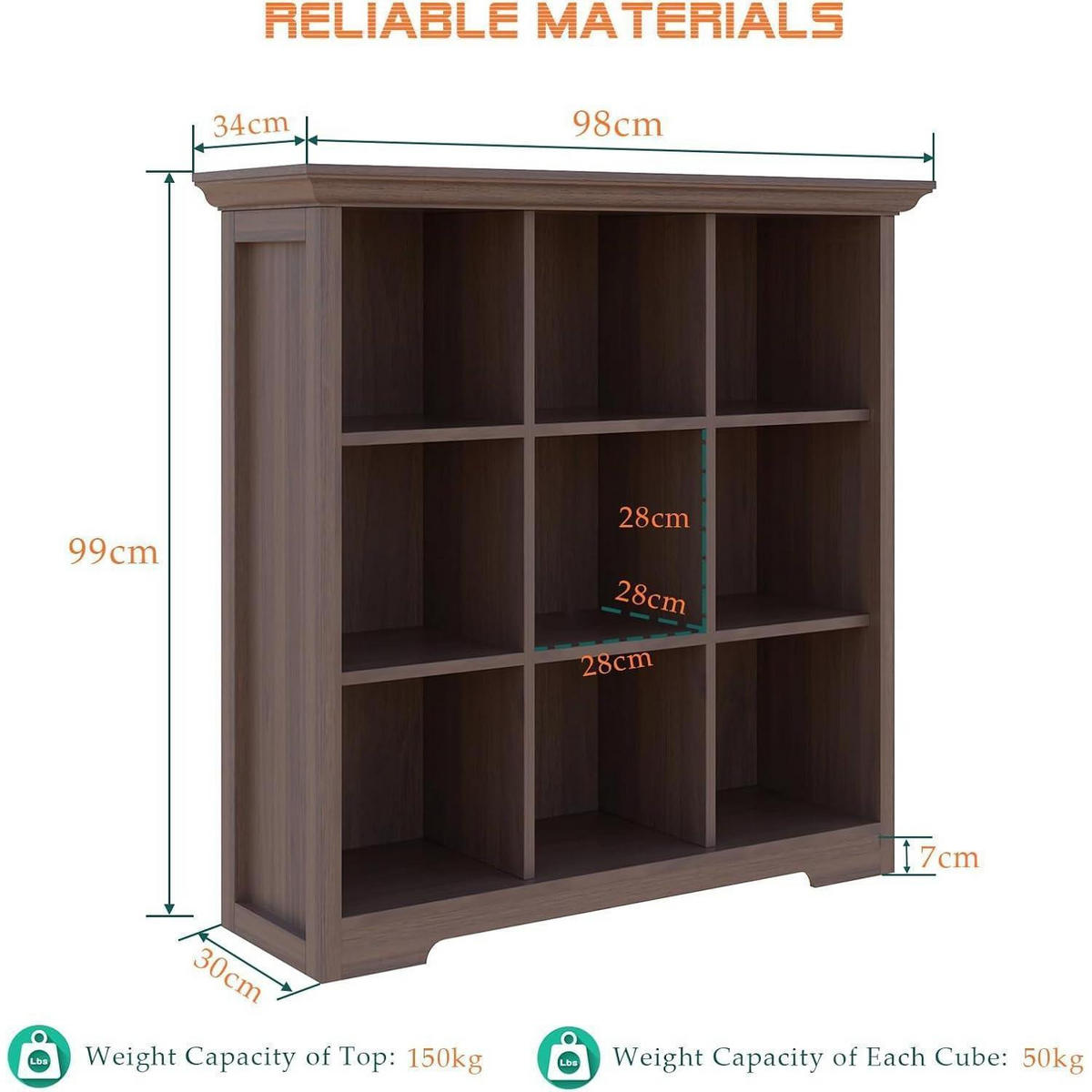 BÜCHERREGAL mit Sockel Walnuss 9 Fächer 99 x 98 cm - Braun, Holzwerkstoff (98/99/34cm)