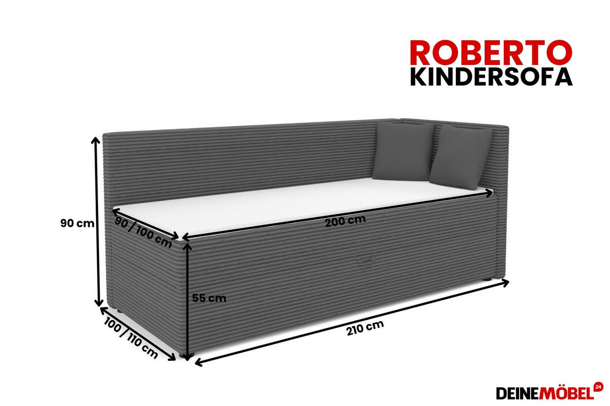 BOXBETT ROBERTO 90/200 in Cord Anthrazit H3 links - Anthrazit, Holz/Holzwerkstoff (90/200cm) - Deine Möbel 24