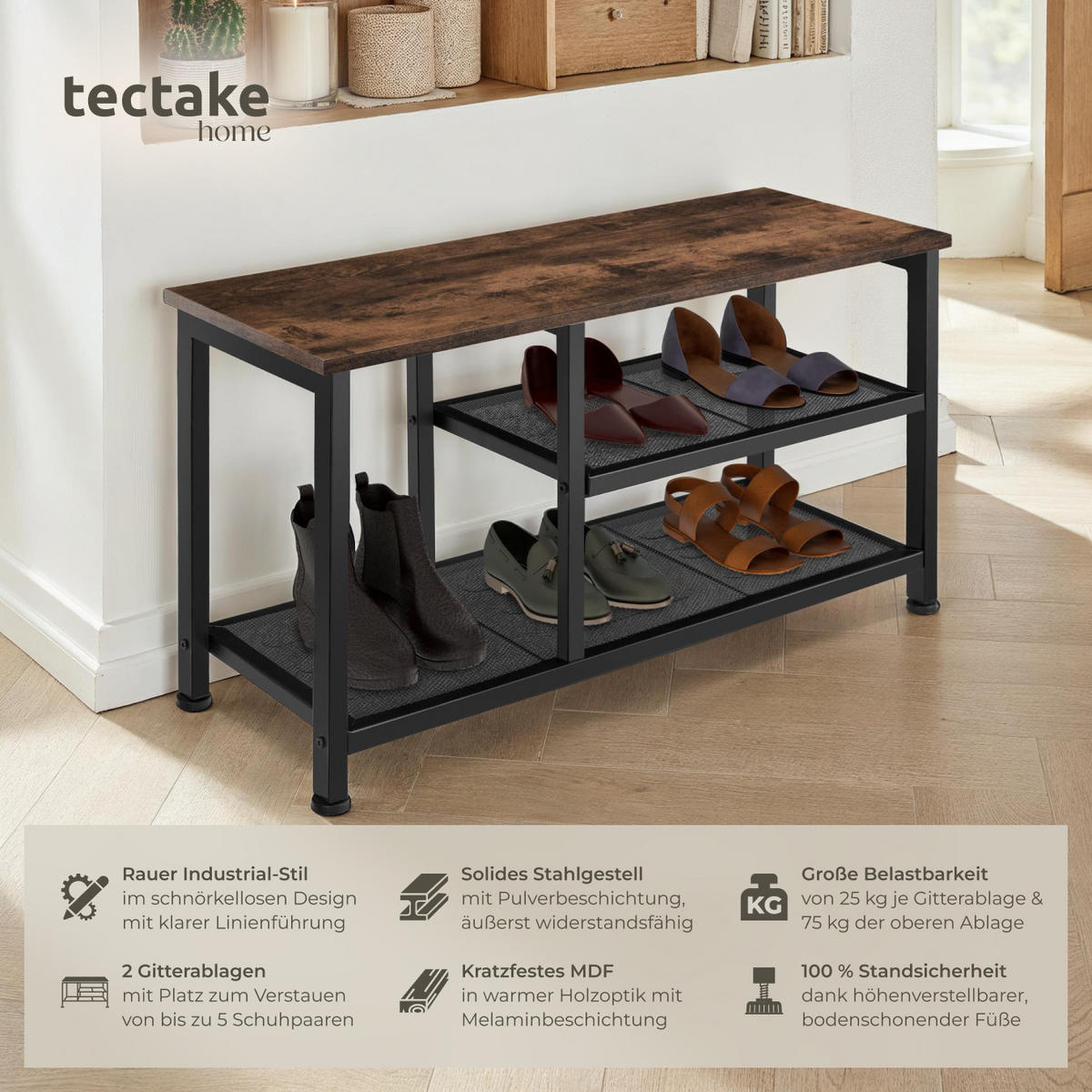 SCHUHREGAL Taunton,80 x 30 x 45,5 cm,Industrial Holz dunkel, rustikal - Rostfarben, Holz (30/45.5/80cm) - tectake