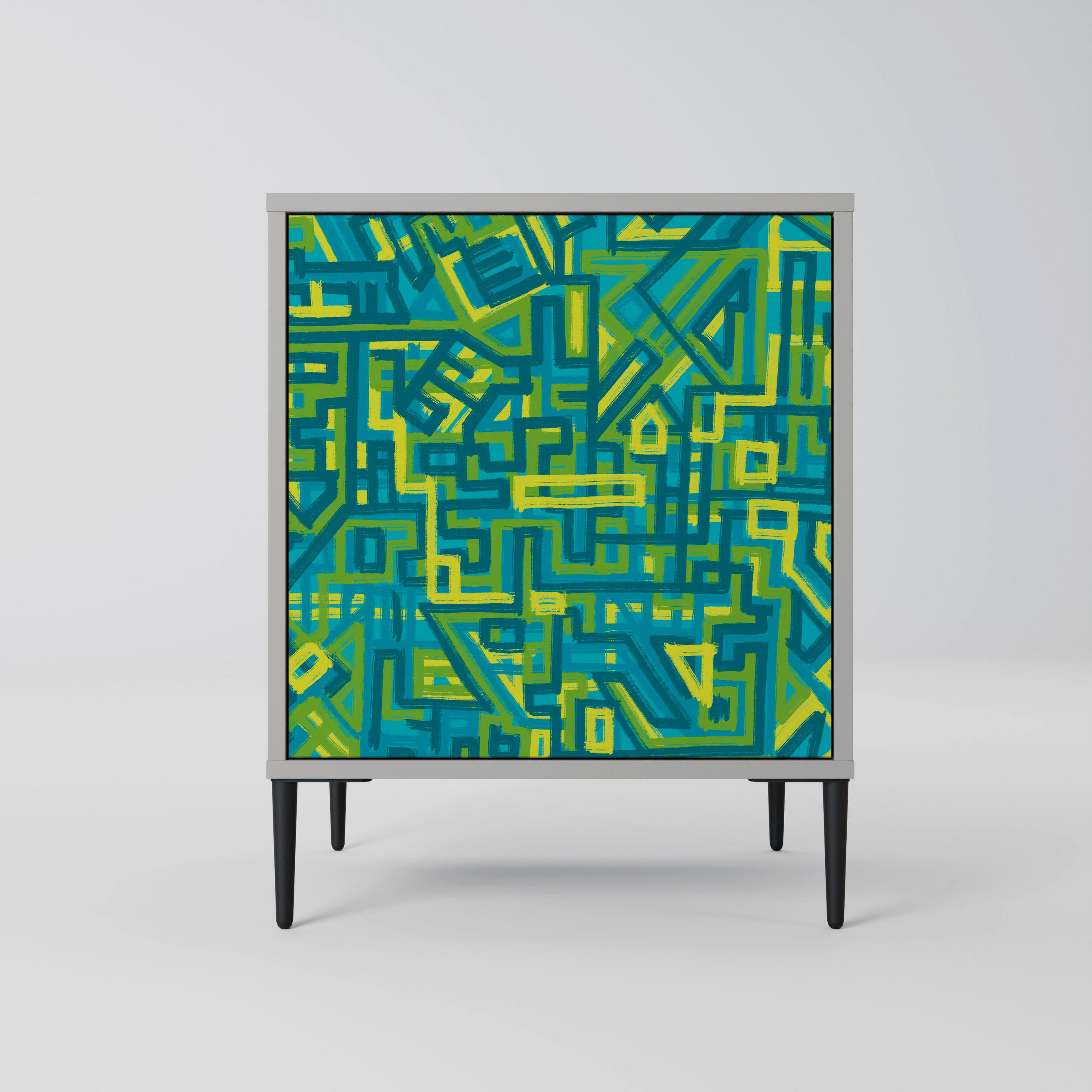 SIDEBOARD NOSTALGIC MEMORIES, Grau, 57,5x42x72,5 cm, Schwarze Metallfüße - Multicolor/Schwarz, Holzwerkstoff/Metall (57.5/72.5/42cm) - SpaceRebels