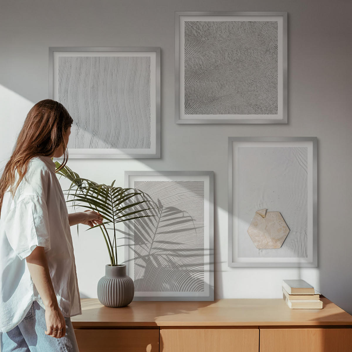 BILDER SET 4er Set - 50x50 cm & 40x60 cm Silberner Rahmen - Leichte Boho-Sandtexturen - Silberfarben, Kunststoff (50/50cm) - TULUP