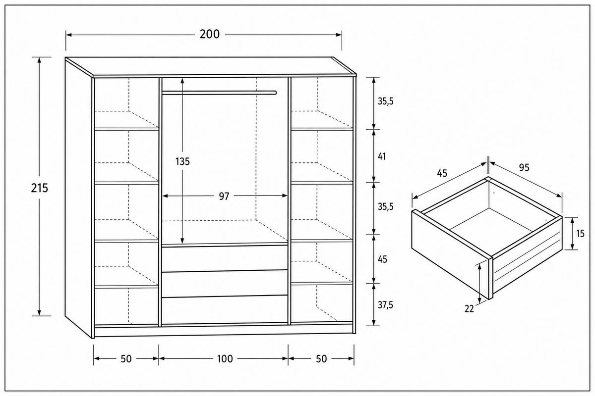 KLEIDERSCHRANK Sorento - Craft Gold, Lamellen Schwarz - 200 x 215 x 61 cm - Eichefarben, Holzwerkstoff (200/215/61cm) - BM-Möbel