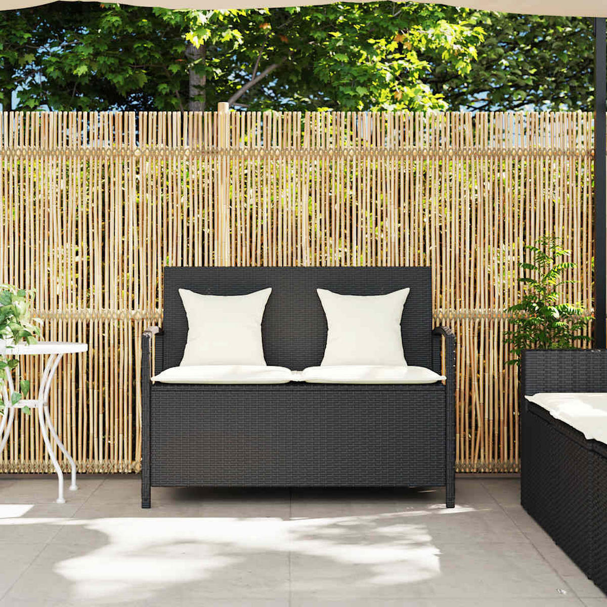GARTENBANK Mit Stauraum Und Kissen Schwarz Poly Rattan - Schwarz, Kunststoff (111/87/56cm) - vidaXL