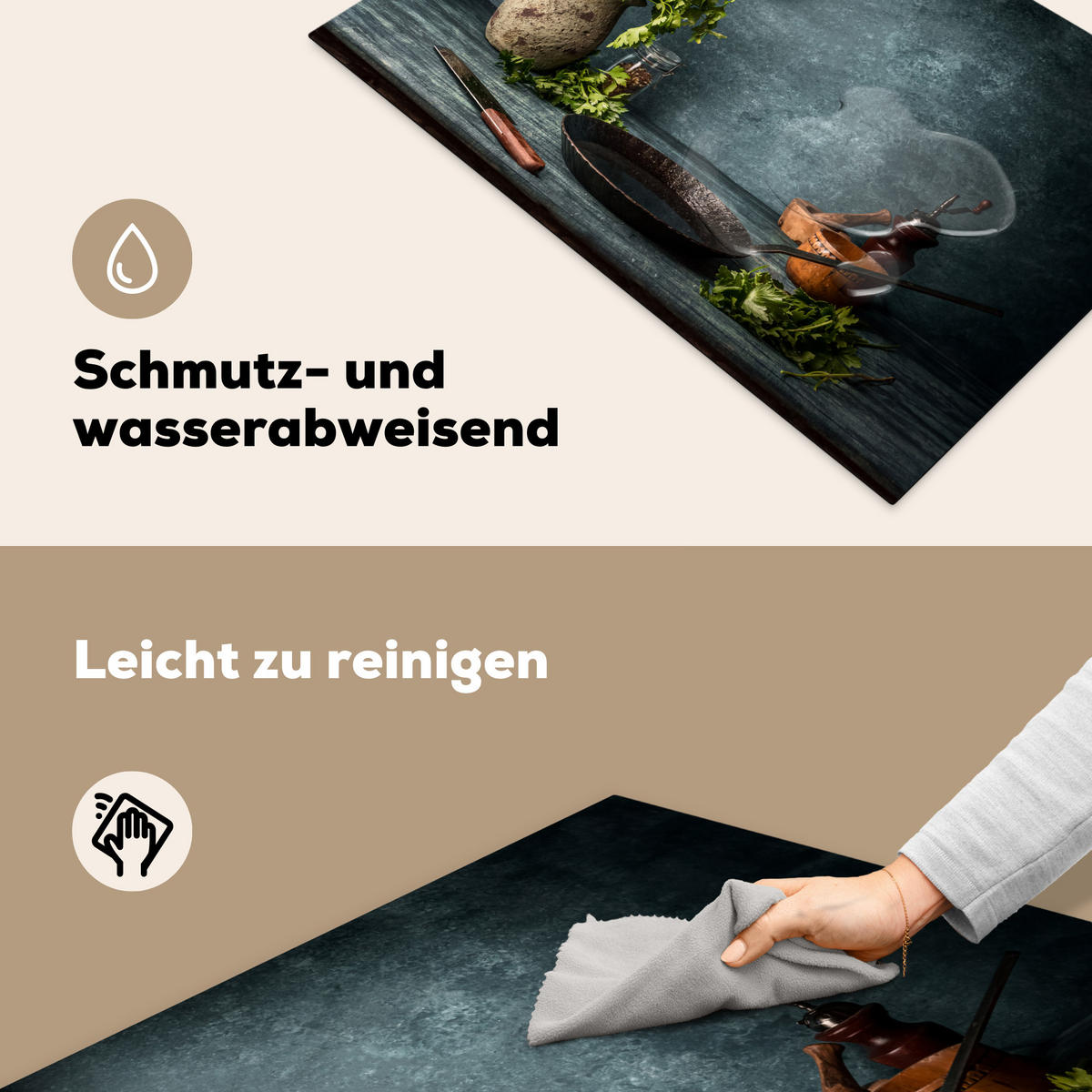 HERDABDECKPLATTE Kräuter - Gewürze - Pfanne - Messer - Grau - Rustikal Induktionsschutz 81.6x52.7 cm - Petrol, Kunststoff (81.6/52.7/0.2cm) - MuchoWow