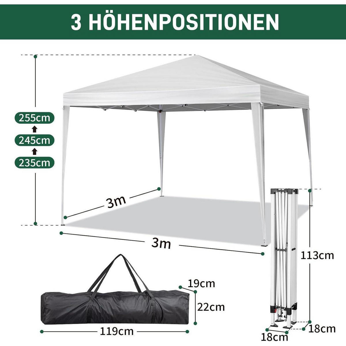 POP-UP Faltpavillon 3 x 3 m mit 4 Seitenteilen, weiß - Weiß, Textil (300/255/300cm)