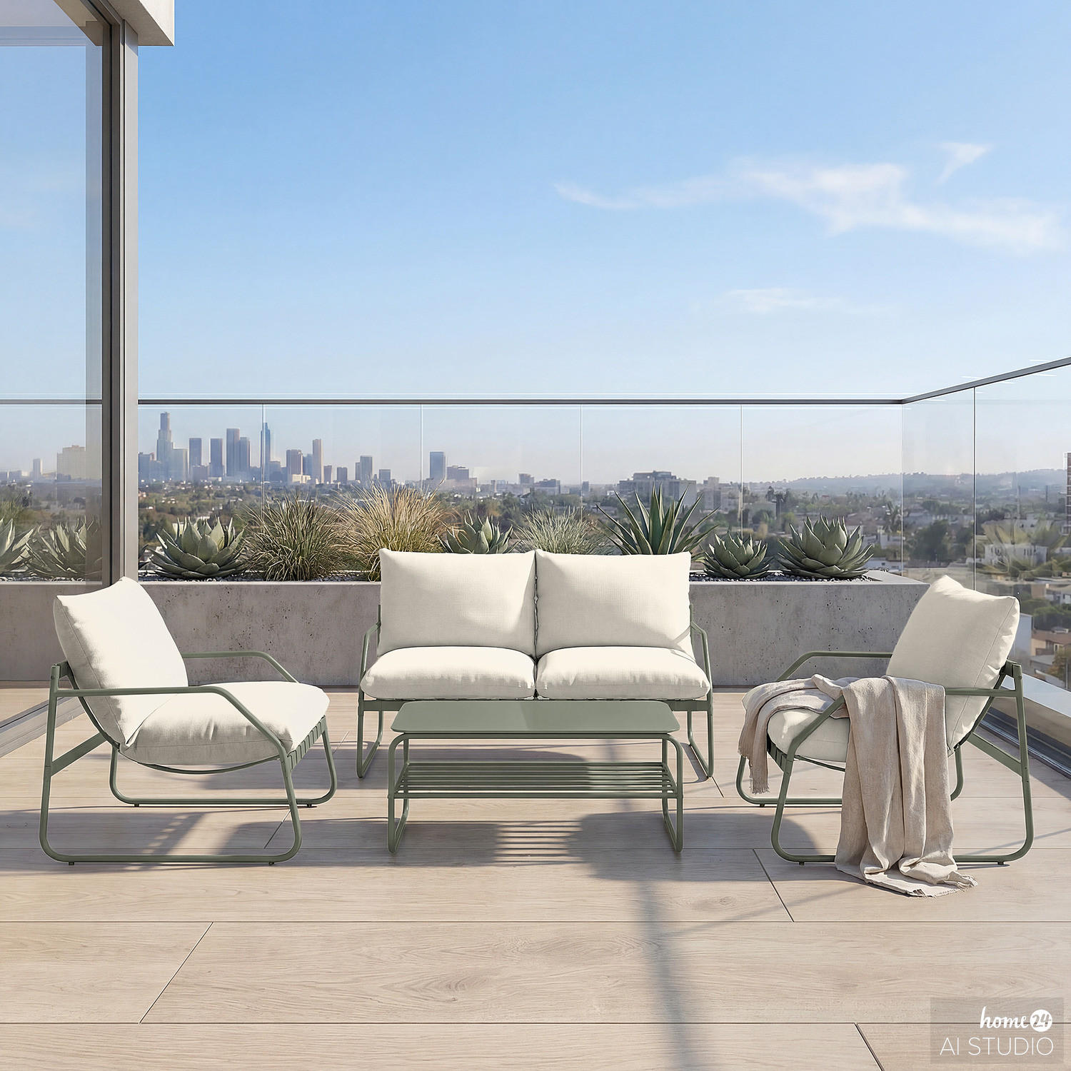 LOUNGEGRUPPE - 4-teilig - Stahl / Webstoff - Salbeigrün, Glas/Textil - home24