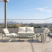 LOUNGEGRUPPE - 4-teilig - Stahl / Webstoff - Salbeigrün, Glas/Textil - home24