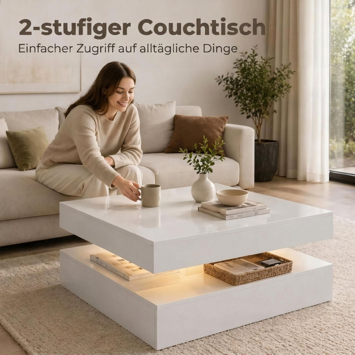 COUCHTISCH DE-37205 2-stufig mit LED und offener Ablage Weiß - Weiß, Holzwerkstoff (78/78/40cm) - ComfortXL