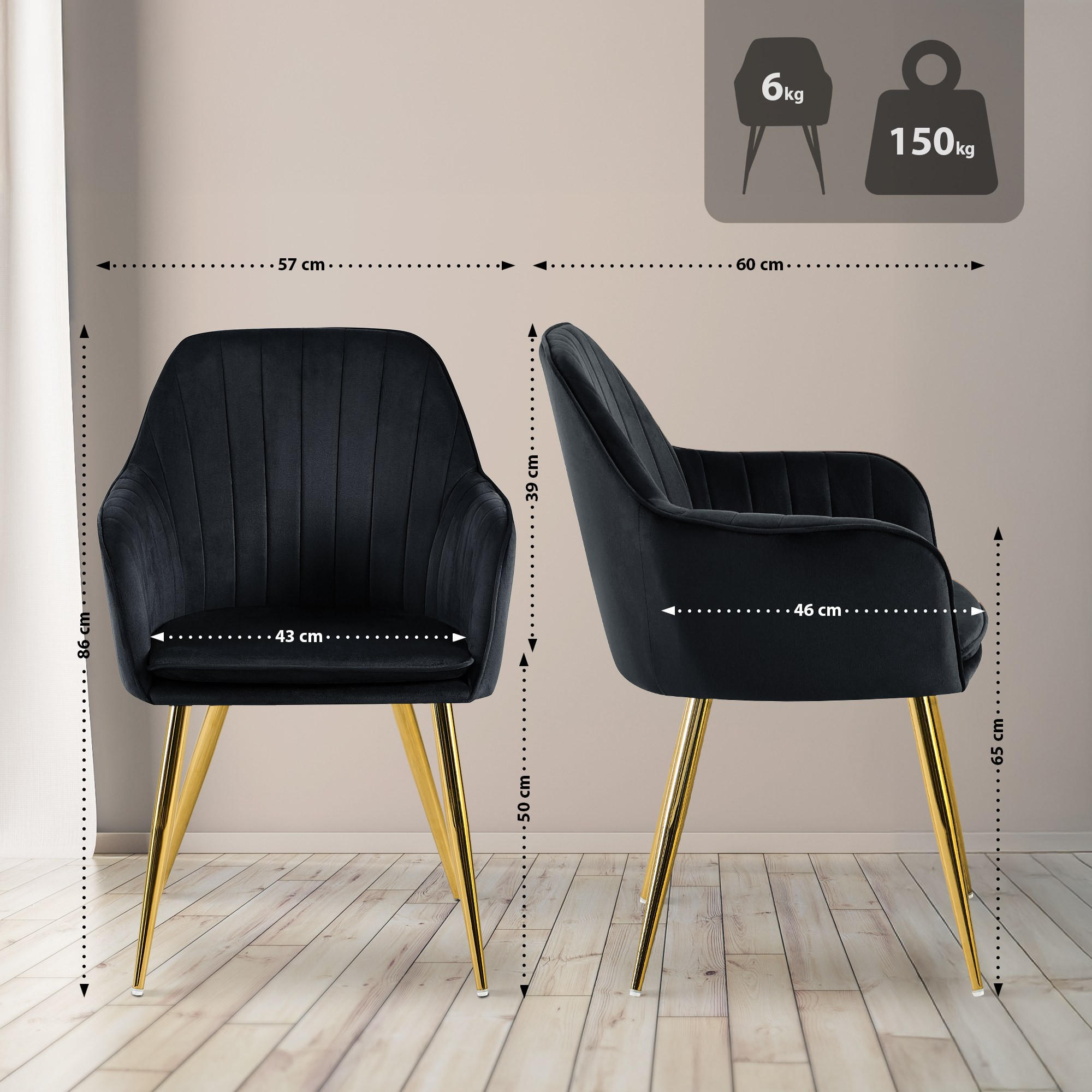 ARMLEHNENSTUHL Samt Schwarz - Goldfarben/Schwarz, Textil/Metall (60/57/86cm) - CLP