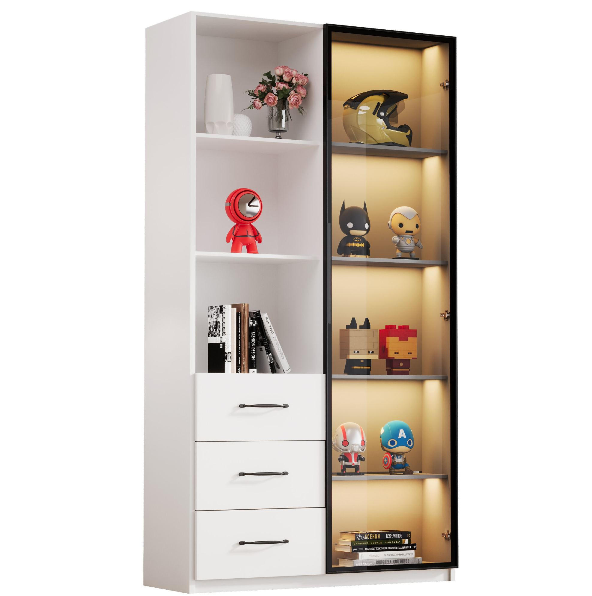 HIGHBOARD mit Glastür 80/40/160 cm – mit LED-Beleuchtung und 3 Schubladen - Weiß, Holzwerkstoff (80/160/40cm) - BEAOK