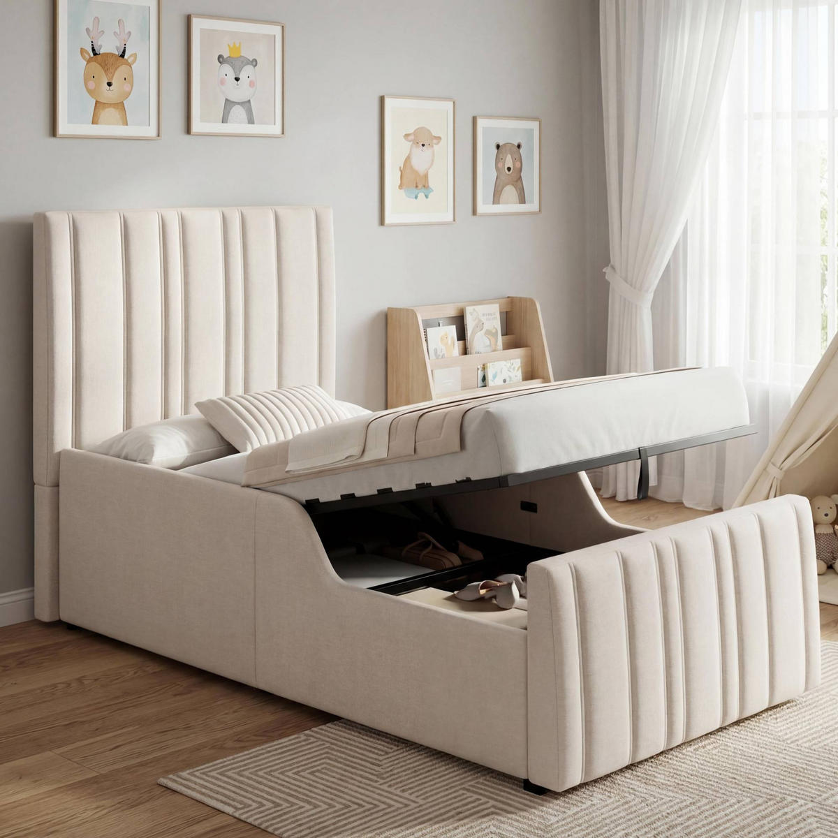 KINDERBETT 90/200 cm mit hydraulischem Bettkasten, Lattenrost, gepolsterten Seitenlehnen und Leinenbezug, Beige - Beige, Textil (90/200cm) - Redom