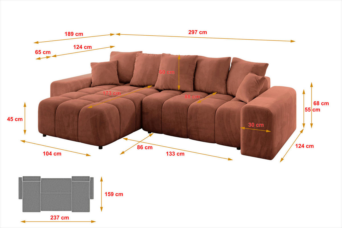 ECKSOFA Ottomane links ENIL-L 297x189x68 Koralle Velours - Koralle, Holzwerkstoff/Kunststoff (297/189cm) - ALTDECOR