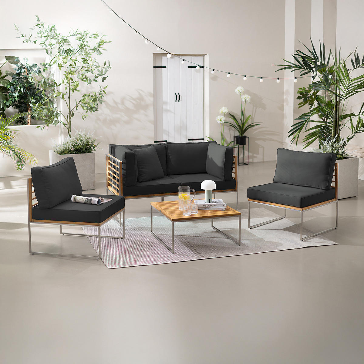 LOUNGEECKE - Webstoff / Teak massiv - Anthrazit, Holz/Textil (70/74/70cm) - home24