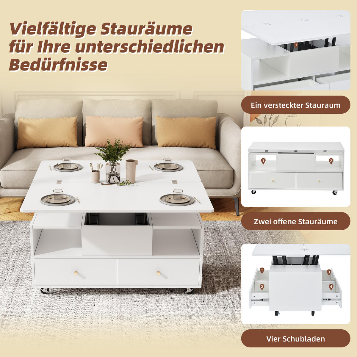 COUCHTISCH höhenverstellbar 100cm Klappfunktion 4 Schubladen Weiß - Weiß, Holzwerkstoff (100/50/47.5cm) - FLIEKS