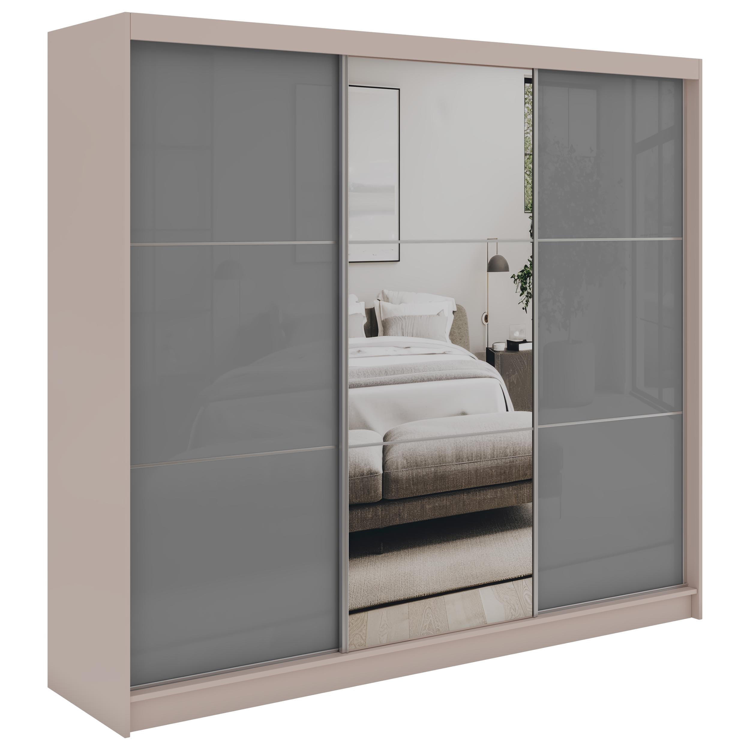 SCHWEBETÜRENSCHRANK mit Spiegel - WALENCJA - 240 - Kaschmir-Grau lacobel - Kaschmir/Alufarben, Holzwerkstoff/Metall (240/216/61cm) - MKS
