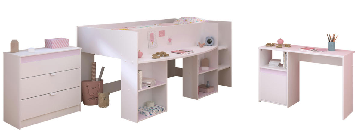 KINDERZIMMER weiß, grau oder rosa, Komplett-Set 3-teilig mit Kleiderschrank, Schreibtisch, Bett 90x200 - Weiß, Holzwerkstoff (110/104/205cm) - Parisot Meuble