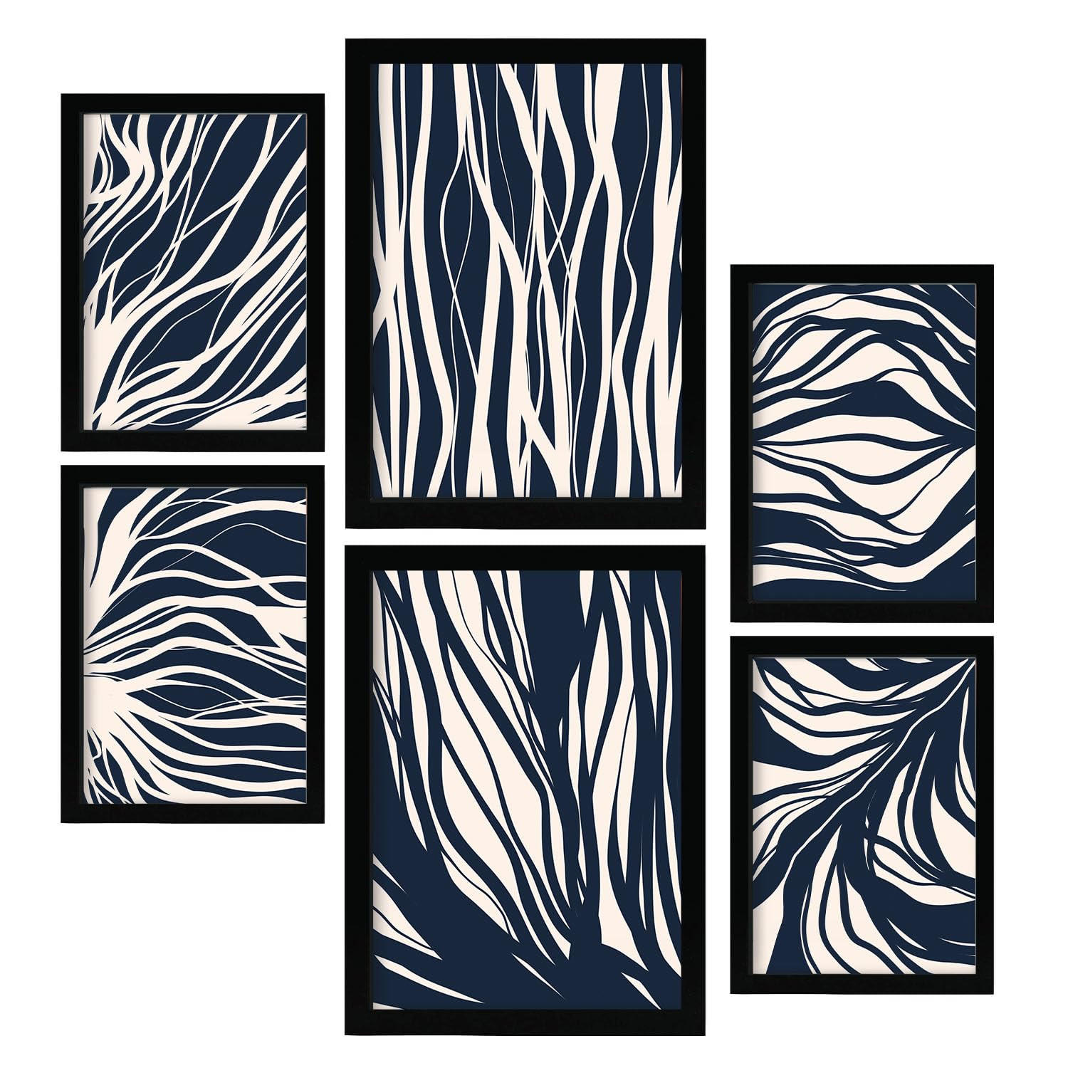 POSTER Set Mit 6 Zweigmuster In Abstrakter Form Ästhetische Dekodrucke Für Ihr Wohnzimmer, Schlafzimmer Oder Zuhause A3 & A4 Schwarzer Rahmen - Schwarz, Papier (29/3cm) - Nacnic