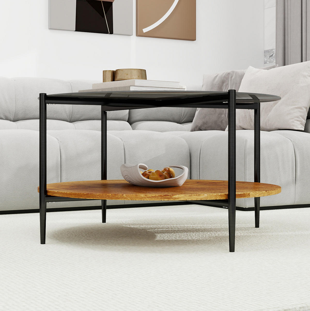 COUCHTISCH Ø 82/45 cm in Schwarz mit Glasplatte und Ablage - Schwarz, Glas (82/82/45cm) - BEAOK